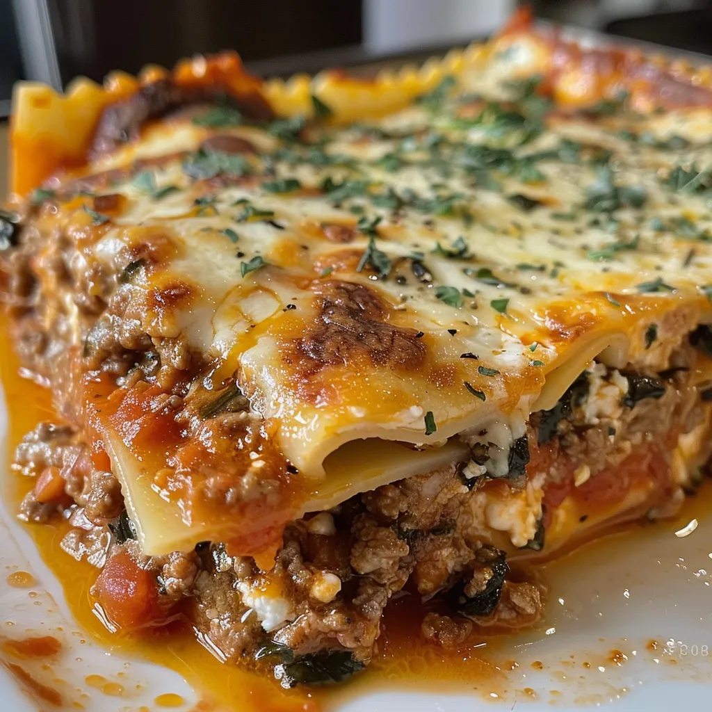 Side view of a serving of cottage cheese lasagna showcasing its layers of pasta and cheese.