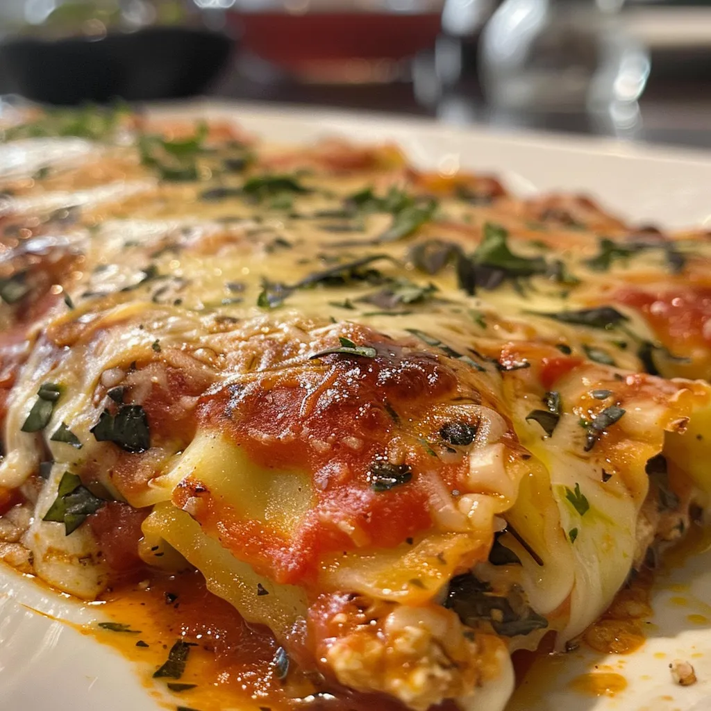 Side view of authentic homemade manicotti with crepes, garnished with fresh basil on a white plate.