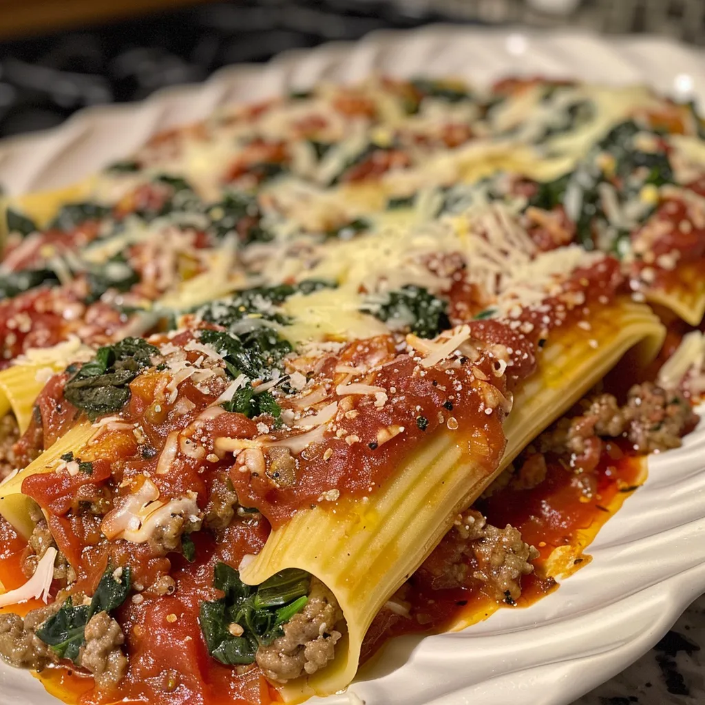 Side view of juicy manicotti pasta filled with sausage and topped with melted cheese.
