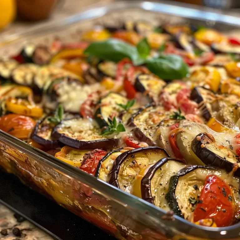 Close-up view of a colorful Italian vegetable bake with layers of eggplant, zucchini, and bell peppers.