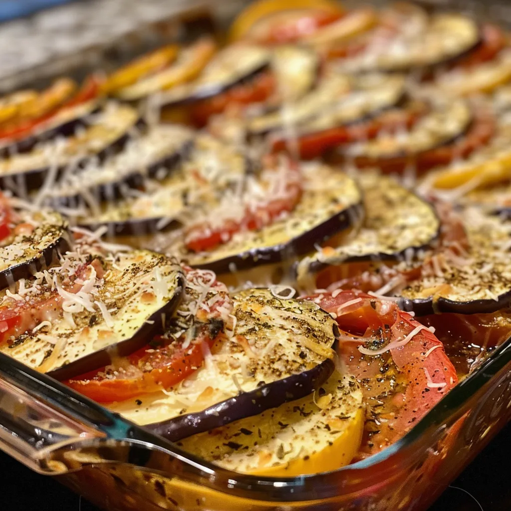 Side view of a freshly baked Italian vegetable dish featuring melted cheese and vibrant vegetables.