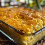 Close-up of a golden-brown Jiffy corn casserole with a creamy texture, served in a white dish.