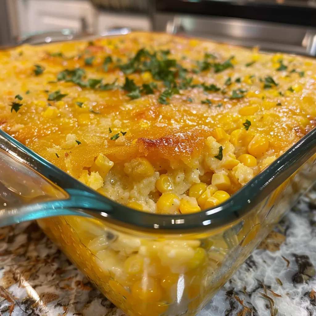A side view of a delicious Jiffy corn casserole, featuring a golden crust and visible kernels of corn.