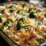 Close-up view of a creamy Keto Chicken Alfredo Casserole with broccoli, garnished with parsley.