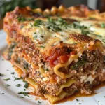 A side view of a deliciously layered lasagna with visible layers of cheese and meat.