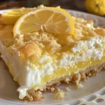 A close-up side view of a lemon dump cake topped with cream cheese and white chocolate chips.