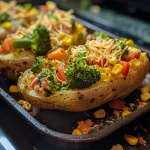 Close-up of loaded veggie baked potato topped with cheese and colorful vegetables.