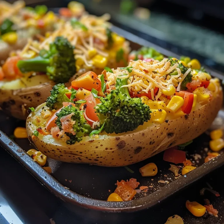 Close-up of loaded veggie baked potato topped with cheese and colorful vegetables.