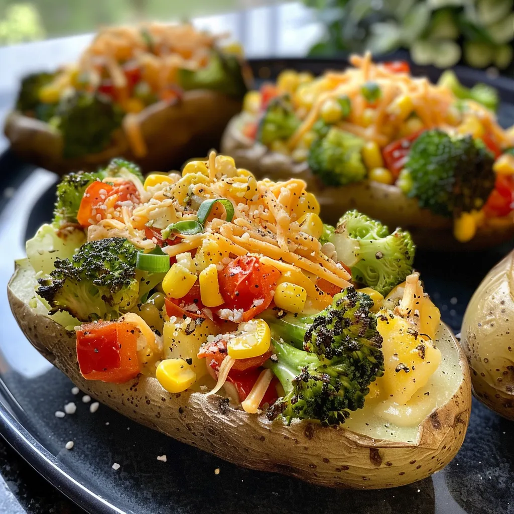 Side view of a baked potato filled with broccoli, bell pepper, corn, and cherry tomatoes.