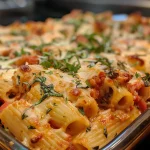 A close-up view of a baked ziti dish loaded with colorful vegetables and melted cheese.