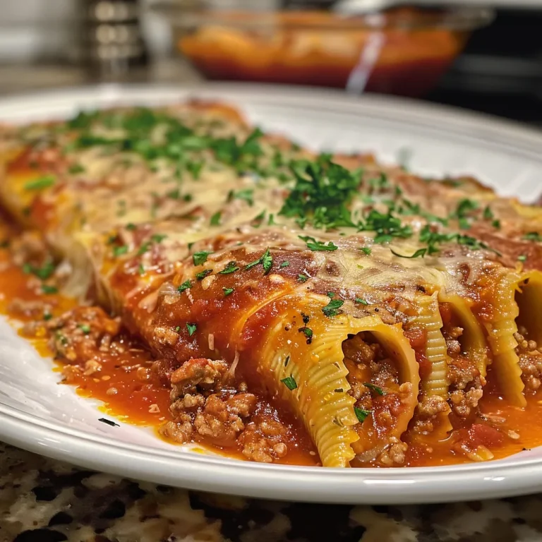 Close-up of juicy manicotti stuffed with meat, topped with marinara sauce.