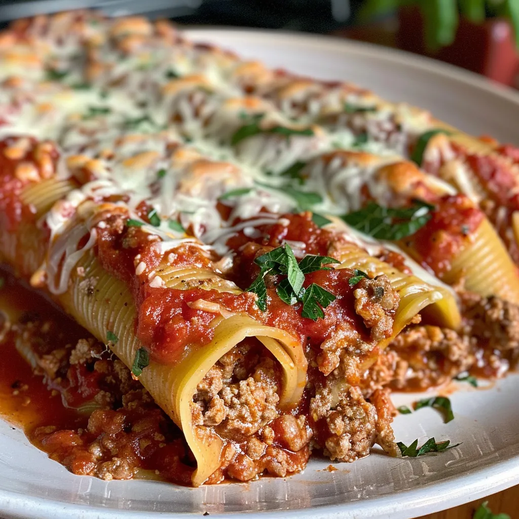 Side view of baked manicotti with meat filling, garnished with parsley.