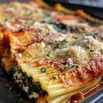 Close-up side view of manicotti filled with spinach and cheese, topped with sauce.