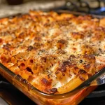 Close-up of creamy meatless baked ziti with melted cheese on top.