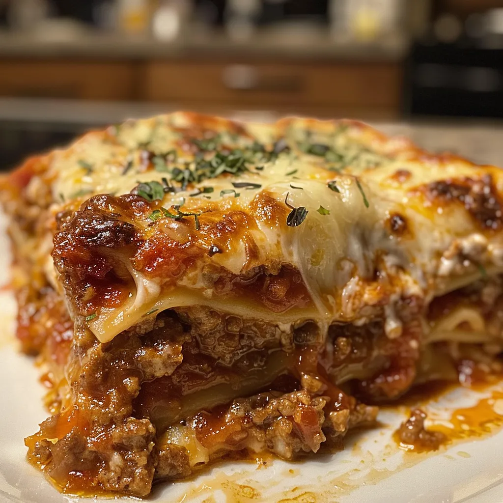 Side angle of a gooey, cheesy lasagna piece showcasing decadent ingredients.
