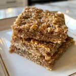 Close-up of golden-brown oatmeal bars with a glistening fruit preserve layer.