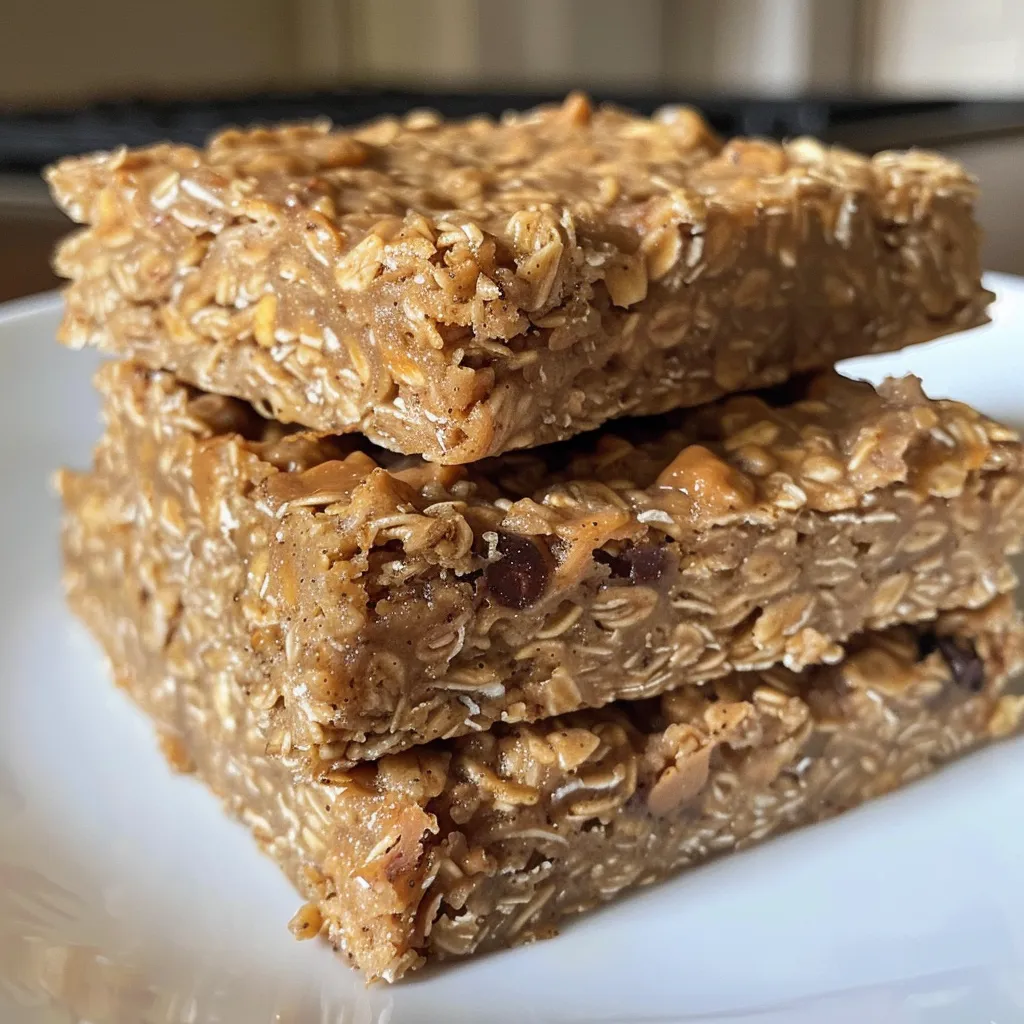 Side view of oatmeal breakfast bars showcasing a chewy texture and dark chocolate chunks.