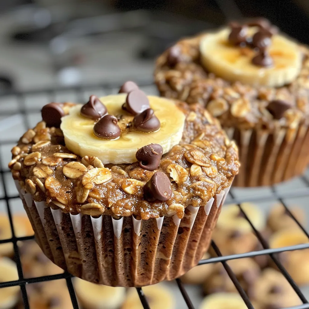 Juicy and delicious baked oat cups with chocolate chips and a golden top.