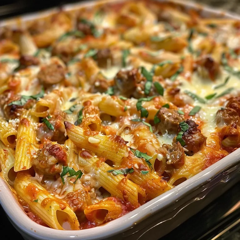 The Pasta Bake with Sausage That Will Make You Feel Right at Home Close-up side view of a bubbling Pasta Bake with Sausage, topped with melted cheese.