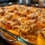 Side view of a slice of peach cobbler dump cake topped with melted butter and cinnamon.