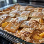 A close-up view of a golden-brown Peach Cobbler Pie showcasing its flaky crust and juicy peach filling.