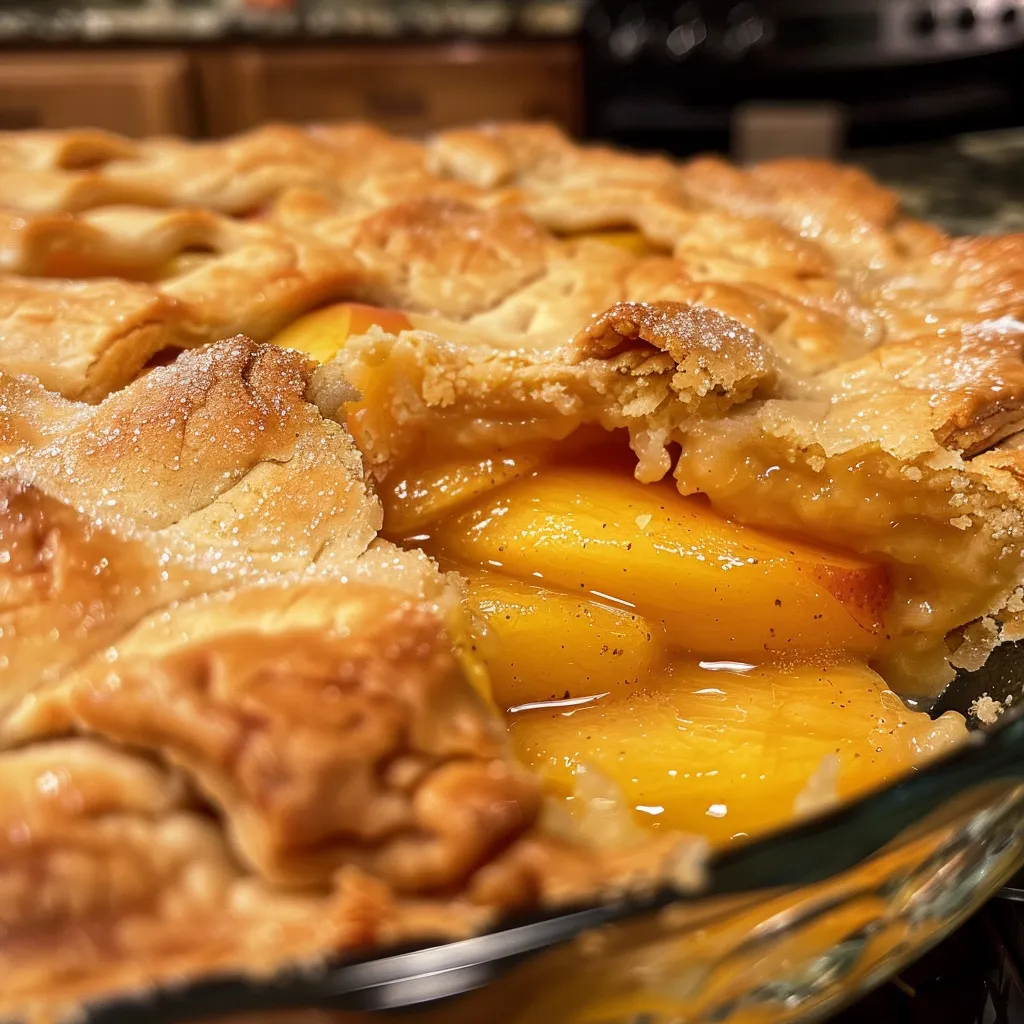 Side view of a freshly baked Peach Cobbler Pie with a crisp crust and vibrant peach slices visible.