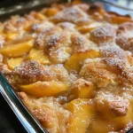 A warm, golden-brown peach cobbler with baked crust and juicy peach slices.