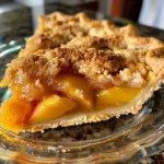 Close-up of a peach crumble pie, showcasing a golden-brown crust and juicy peach filling.