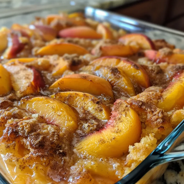 Close-up of a juicy peach dump cake with golden-brown top and slices of peaches visible.