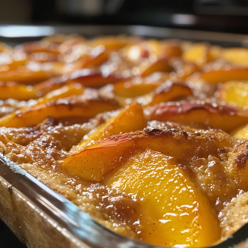 Side view of a peach dump cake showing its moist texture and peach slices on the surface.