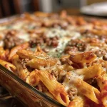 Close-up view of a baked penne pasta dish topped with melted cheese.