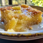 Close-up view of a golden pineapple dump cake with a moist texture.