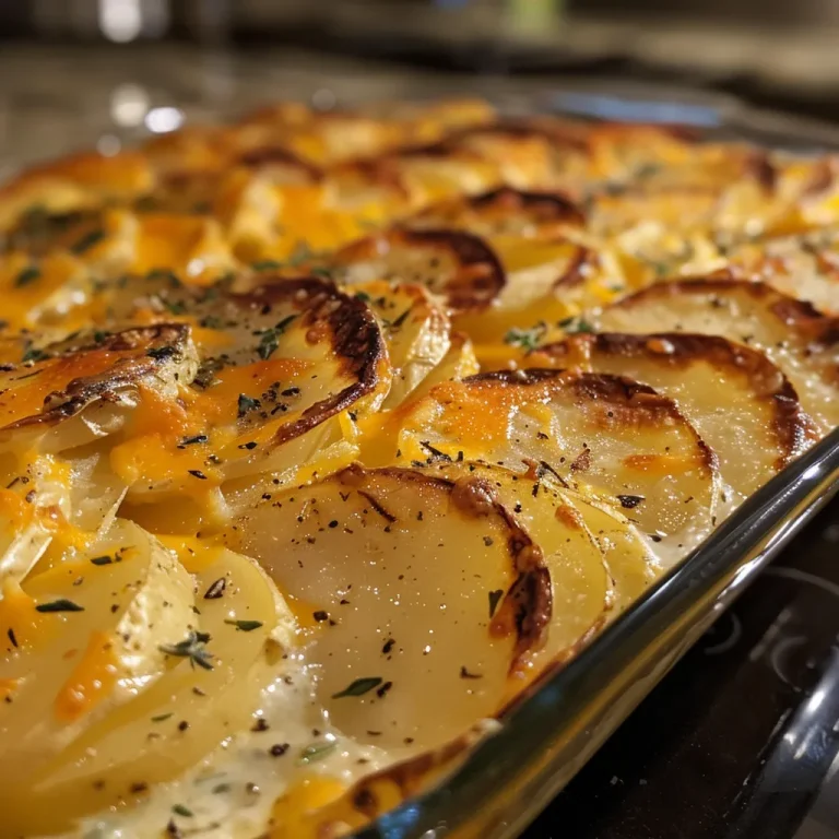 Close-up of a creamy potato au gratin dish, showcasing golden cheese on top.