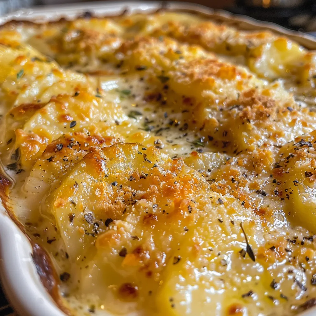 Side view of delicious potato au gratin layered with cheese and potatoes.