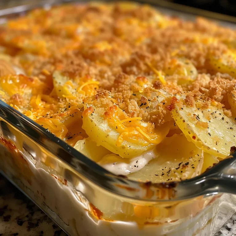 Close-up of a potato casserole with golden-brown cheese on top, nestled in a ceramic dish.