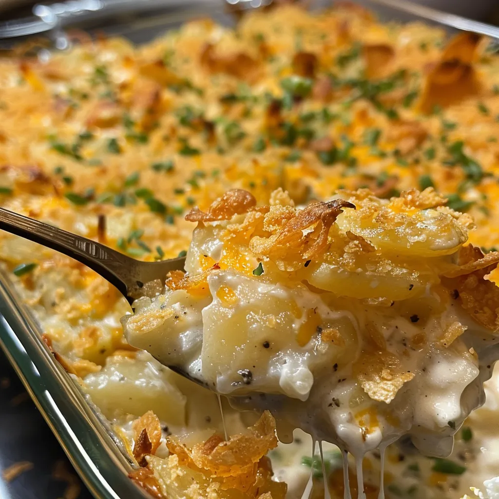 A side view of a potato casserole featuring layered potatoes and herbs, displayed in a glass baking dish.