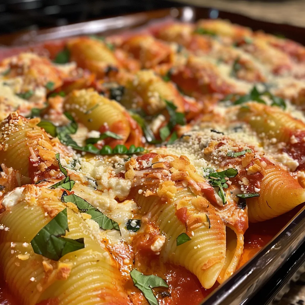 Side view of baked jumbo pasta shells filled with ricotta cheese and spinach.