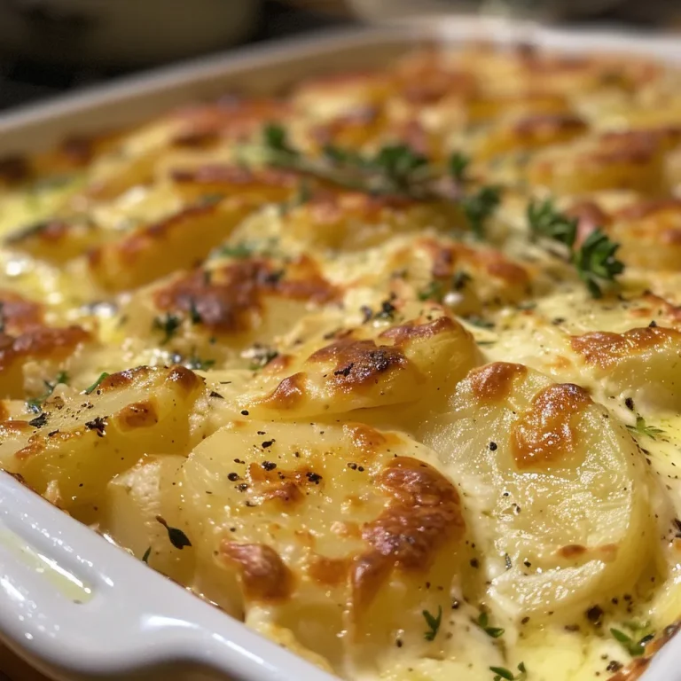 Golden brown roasted garlic potatoes au gratin with melted cheese on top.