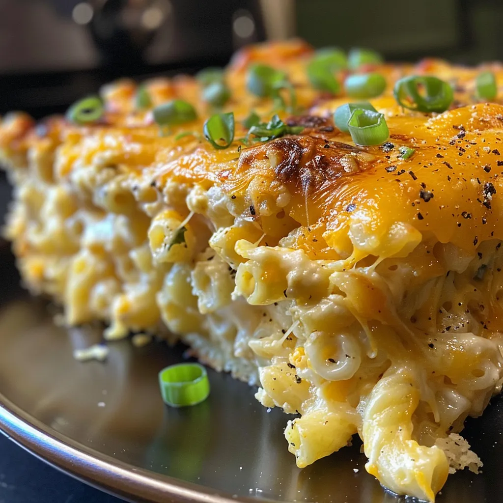 Close-up image of a mac and cheese cake, showcasing its creamy texture and golden cheese on top.
