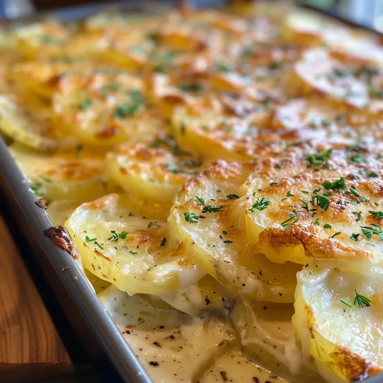 Close-up view of creamy scalloped potatoes, layered and golden on top.