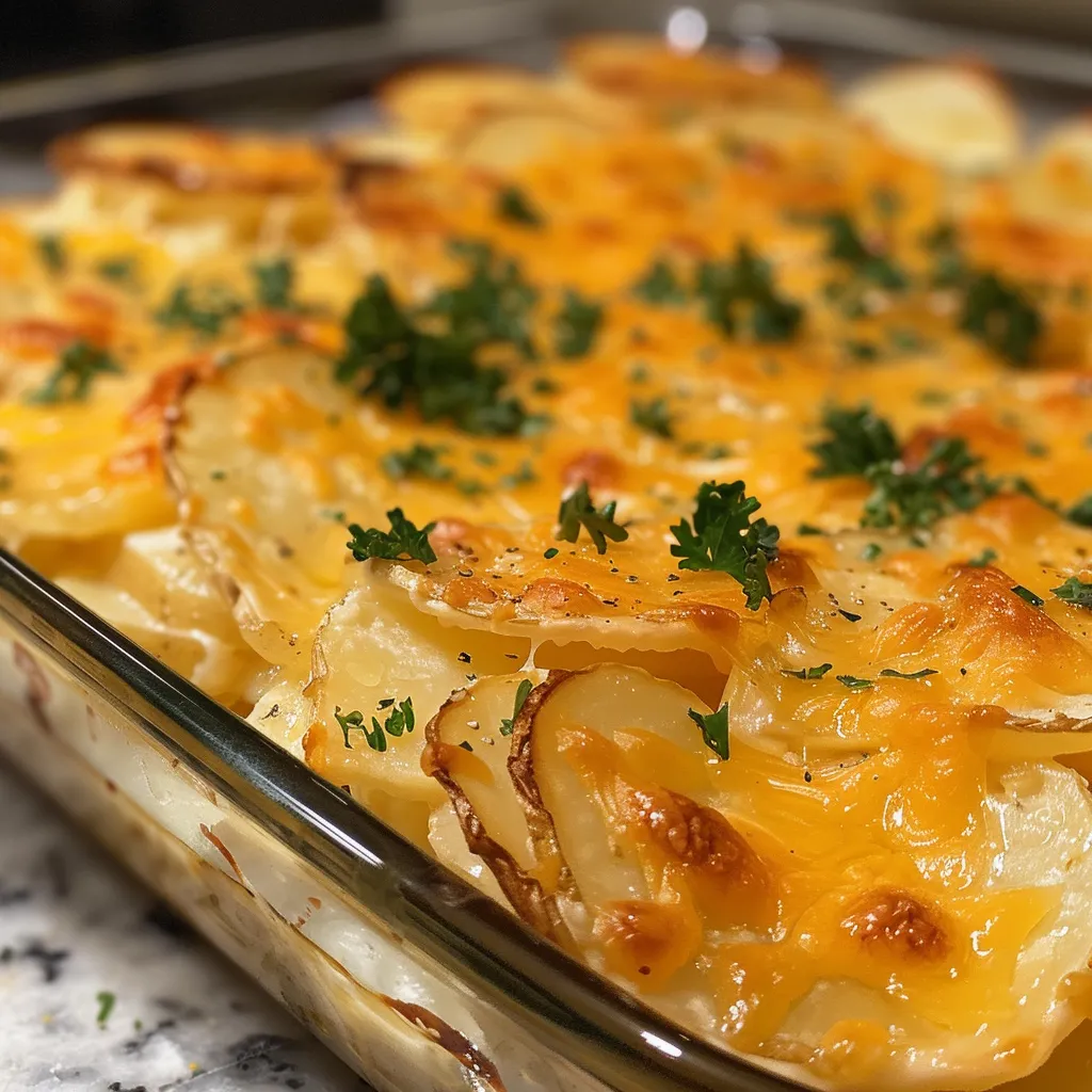 Side view of juicy scalloped potatoes with a bubbly cheese crust.