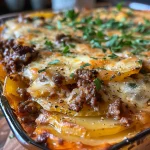 A close-up side view of a creamy beef and potato au gratin dish with melted cheese on top.