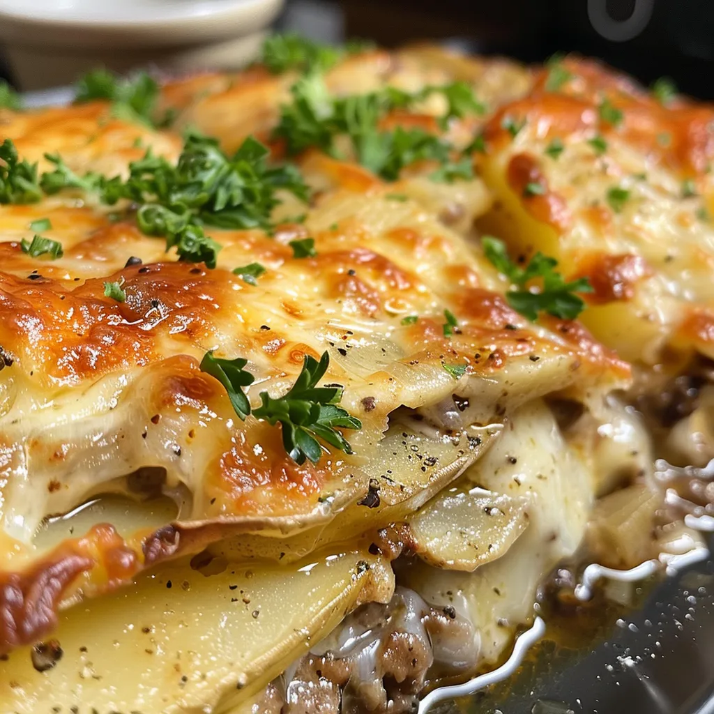 Juicy slow cooker beef au gratin featuring layers of thinly sliced potatoes and a golden cheese crust.