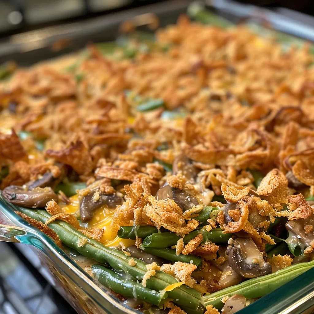 Side view of Southern Green Bean Casserole showing green beans and creamy sauce.