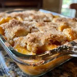 Close-up view of a luscious slice of Southern peach cobbler, with golden crust and bubbling fruit filling.