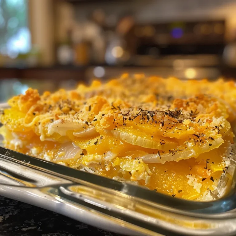 Close-up view of a creamy Southern squash casserole topped with golden cracker crumbs.