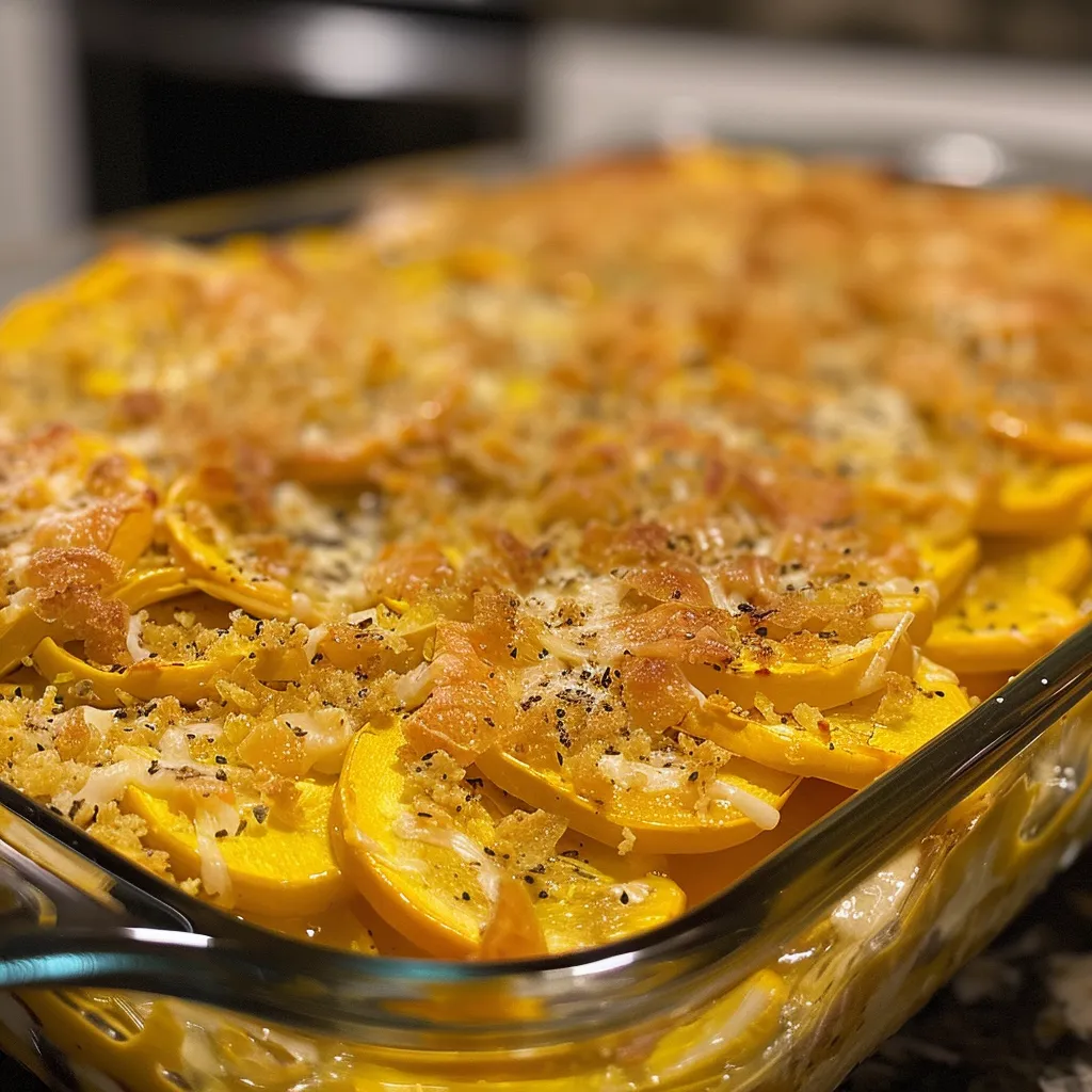 Side shot of a baked Southern squash casserole, showcasing layers of squash, cheese, and crackers.