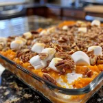 Close-up view of a golden Southern sweet potato casserole topped with pecans.