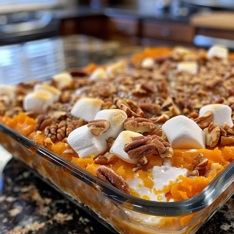 Close-up view of a golden Southern sweet potato casserole topped with pecans.