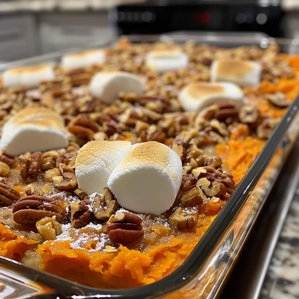 Side view of a creamy sweet potato casserole with a crunchy topping.